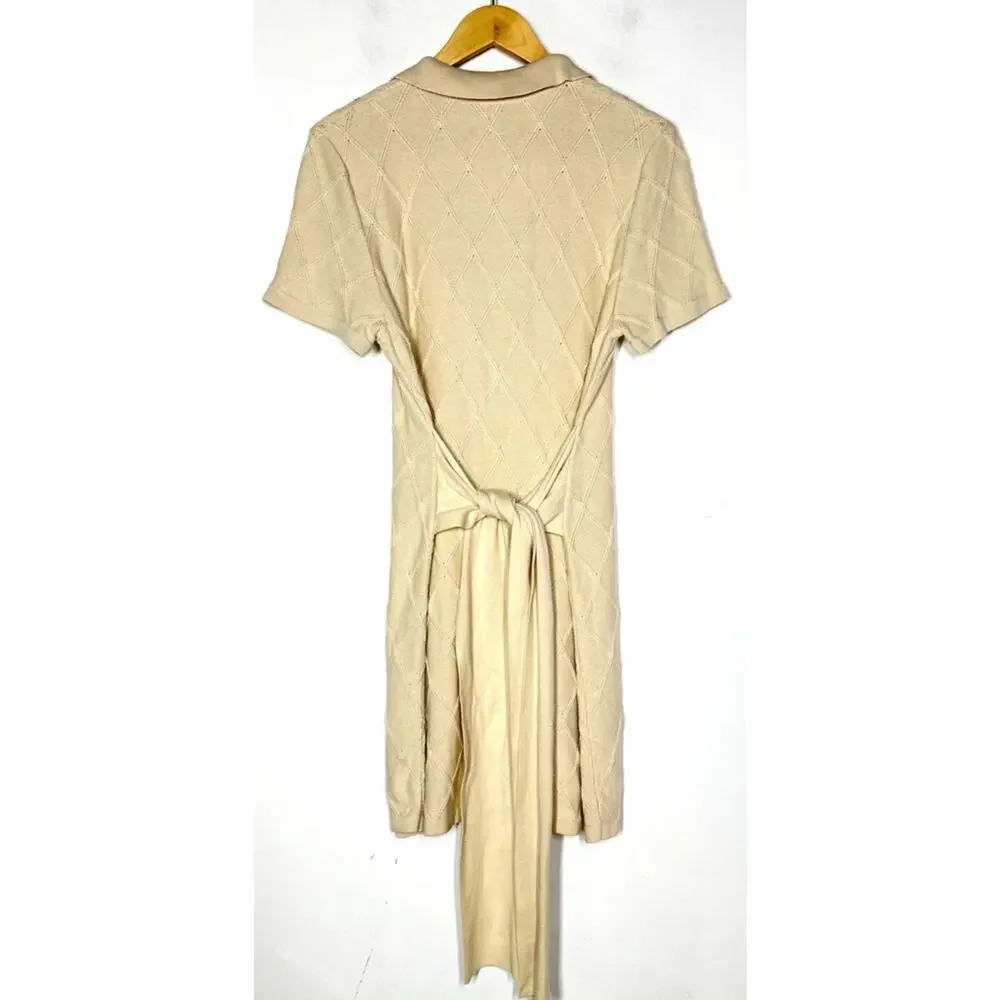 Toccin X RTR  Polo Sweater Dress Short Sleeve Tie Waist  Mini Off White L